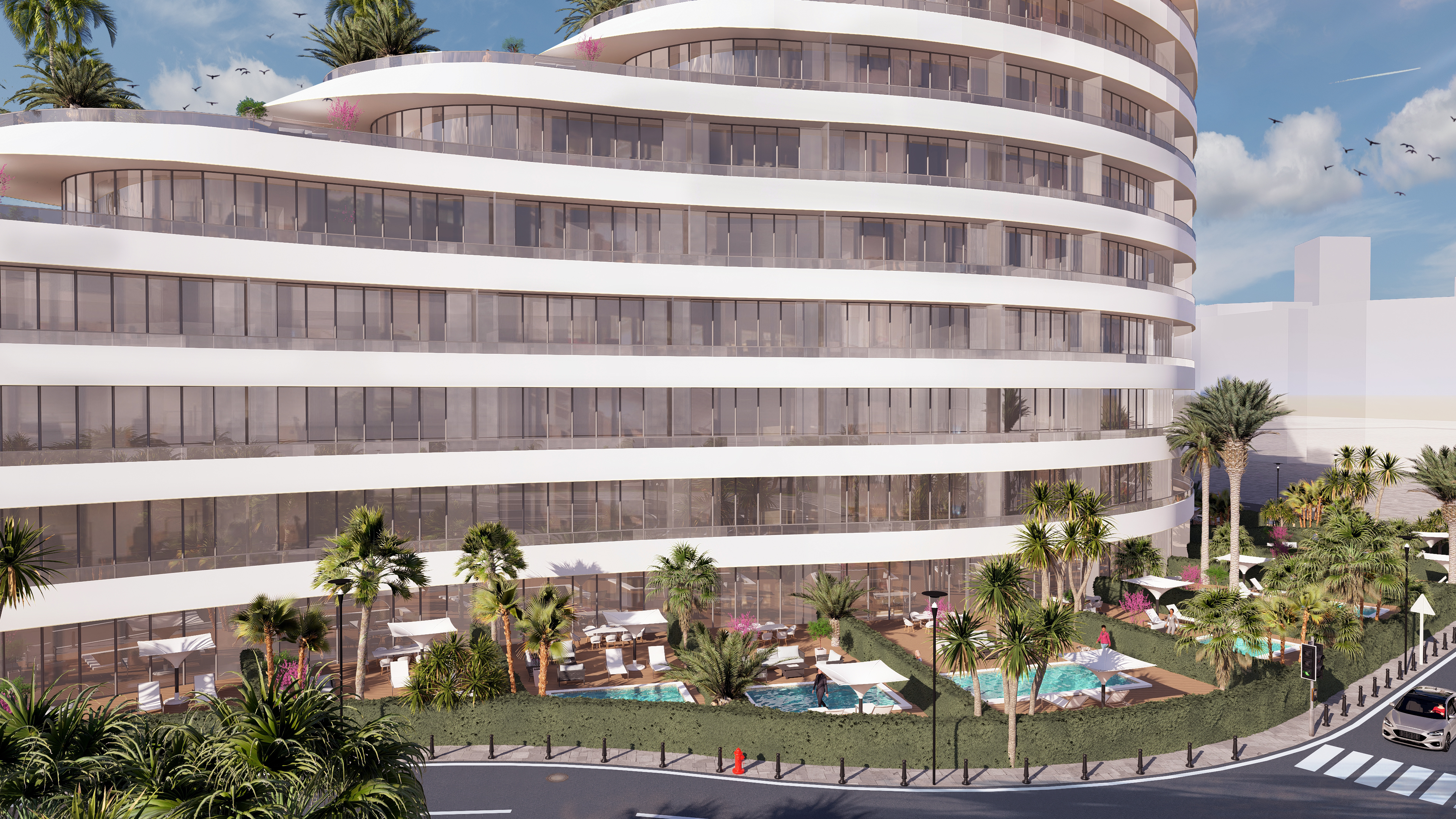 Deluxe Residence Sunny Isles CGI sunset render on the beach