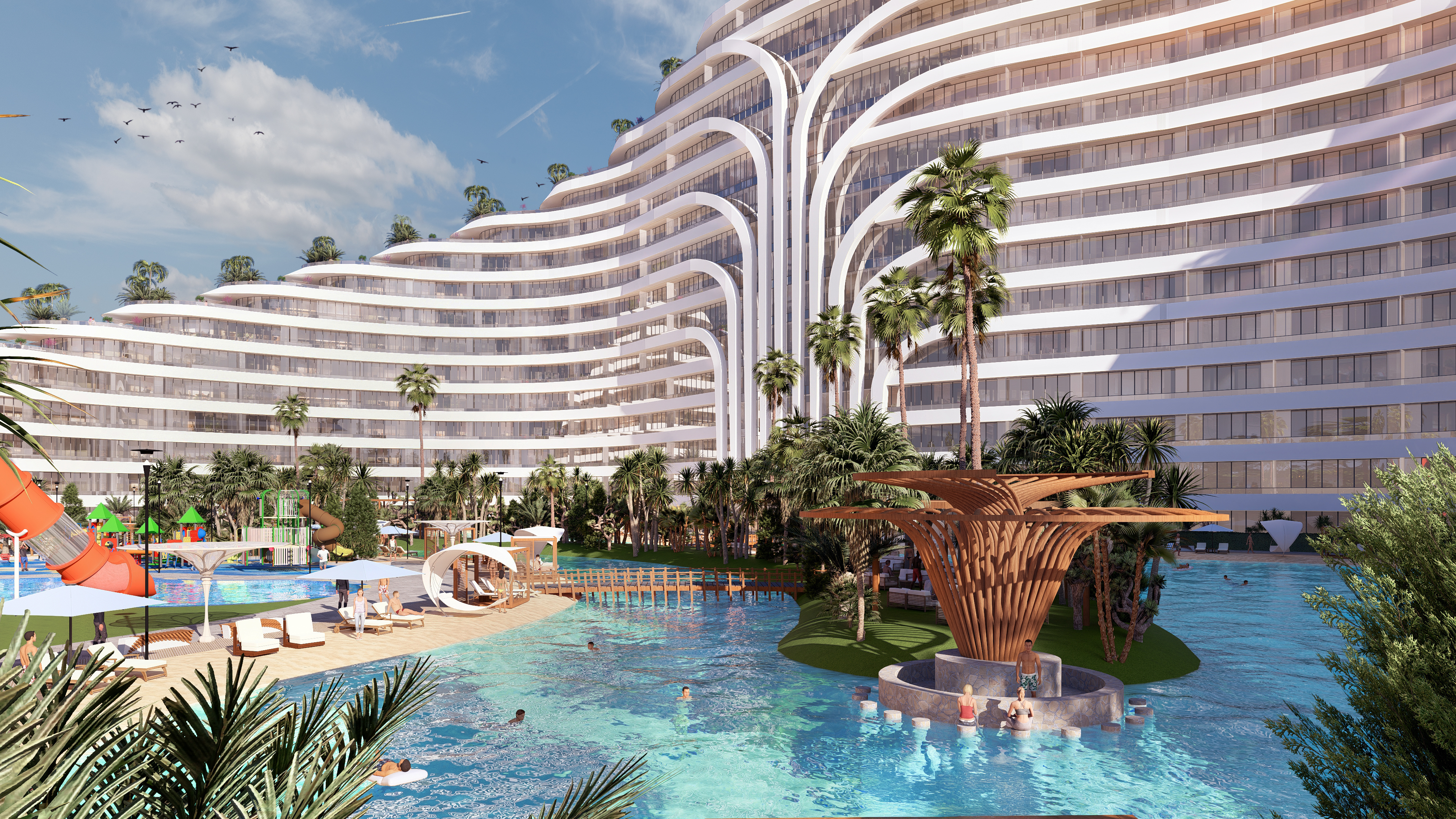 Deluxe Residence Sunny Isles CGI sunset render on the beach