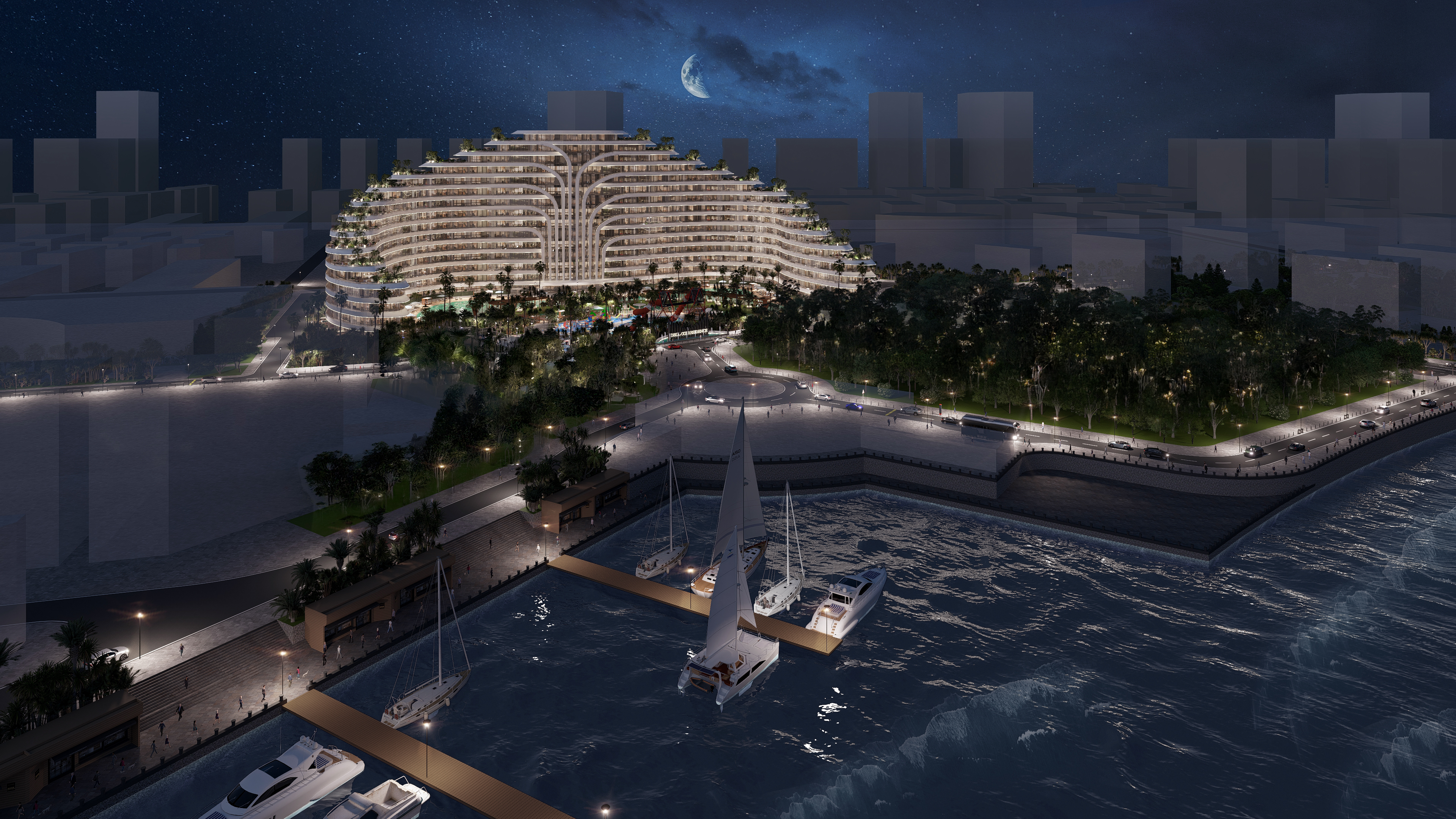 Deluxe Residence Sunny Isles CGI sunset render on the beach