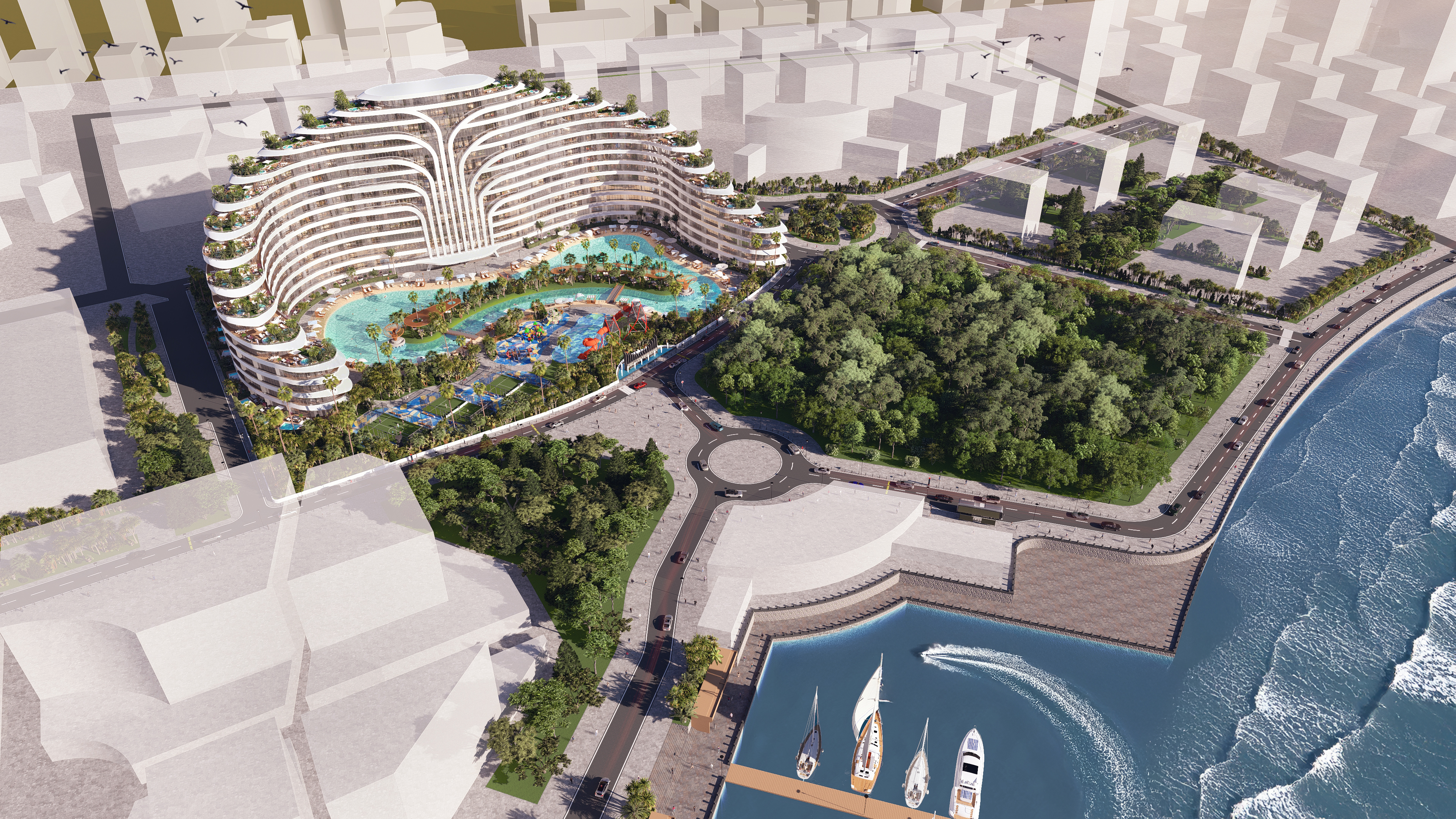 Deluxe Residence Sunny Isles CGI sunset render on the beach