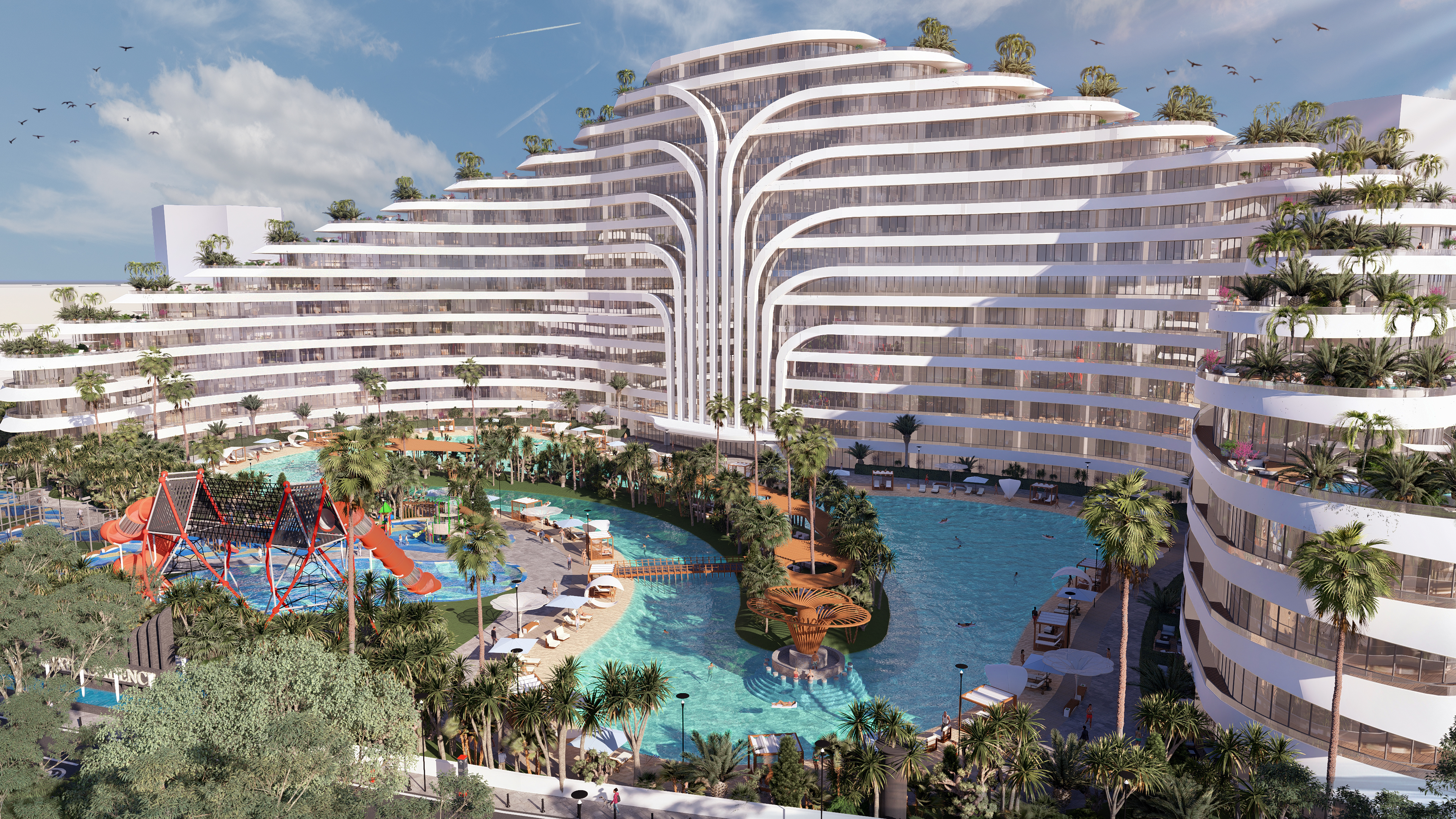 Deluxe Residence Sunny Isles CGI sunset render on the beach